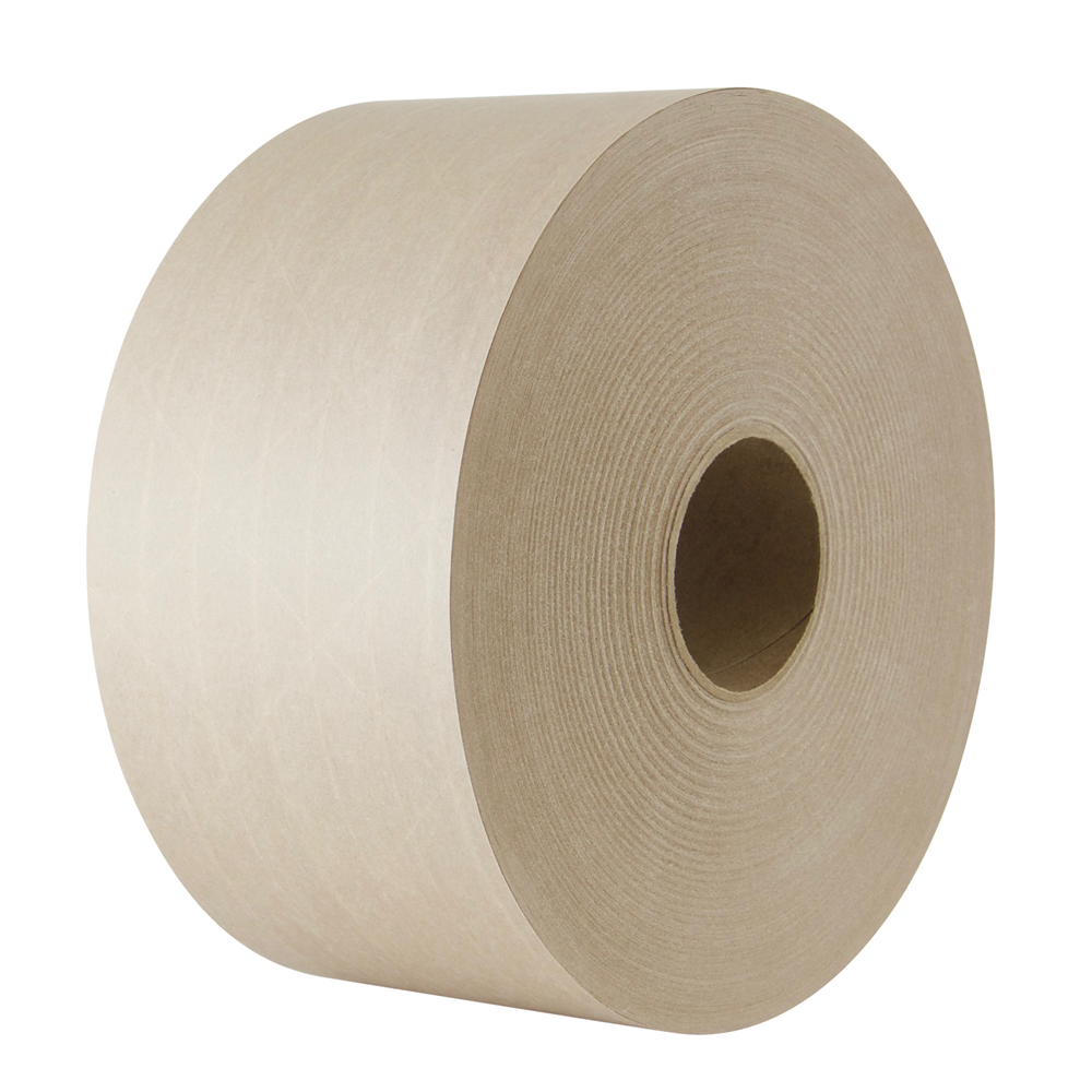 A large roll of brown kraft paper with a visible hollow center, used for packaging or wrapping purposes. Intertape® 5.3-Mil. Venom Natural Reinforced Water Activated Tape (70 mm. x 1000 ft., 6 Rolls/Case)